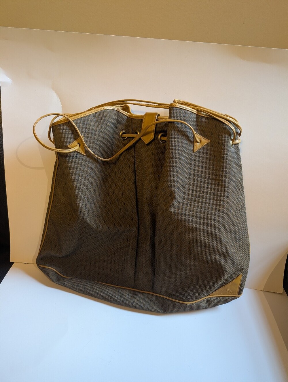Vintage Yves Saint Laurent oversized bag, brown, grey, caramel, leather, canvas